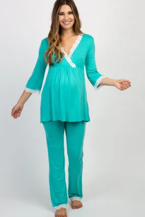 Aqua Lace Trim Maternity Pajama Set