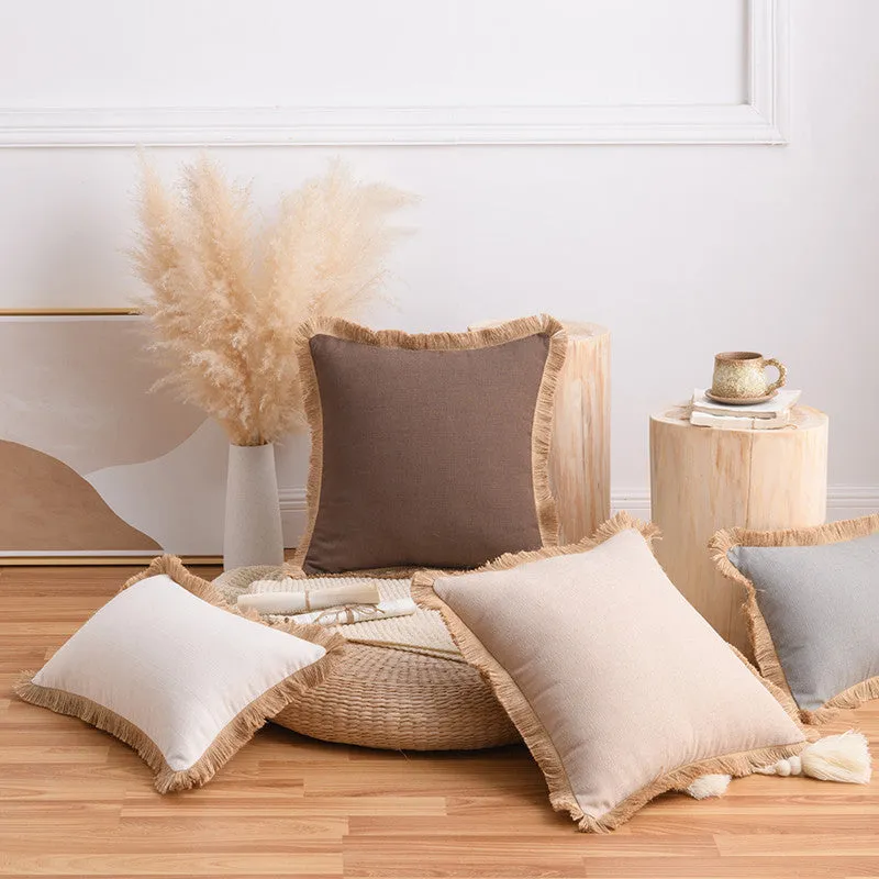 12-Color Cotton and Linen Tassel Edge Pillow Cover, Simple Home Sofa, Throw Pillowcase