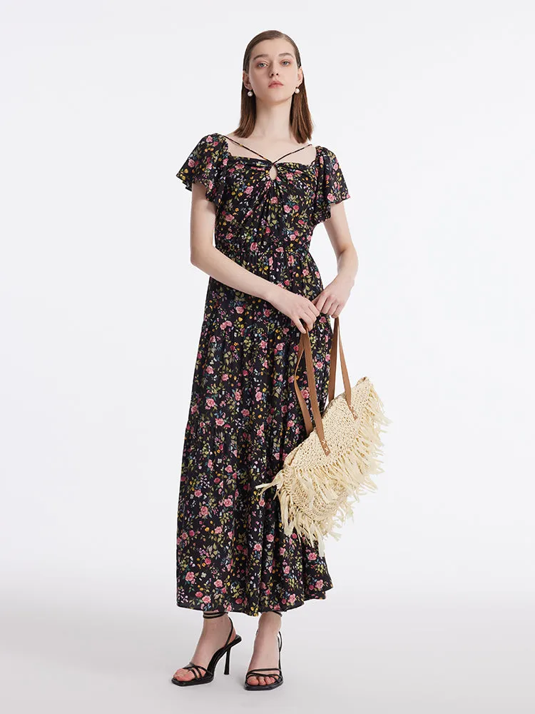 16 Momme Mulberry Silk Rose Printed Off Shoulder Women Maxi Dress