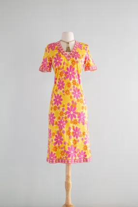 Adorable Vintage Flower Power Cotton Jersey Dress By Italian Designer Bessi / Medium