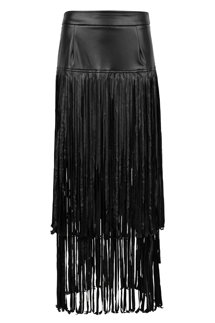 Adore Vegan Leather Long Fringe Skirt