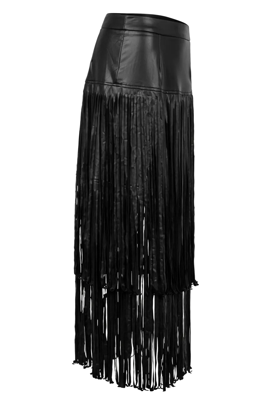 Adore Vegan Leather Long Fringe Skirt