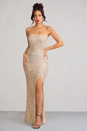 Almira | Robe longue bandeau à sequins colour champagne avec ourlet