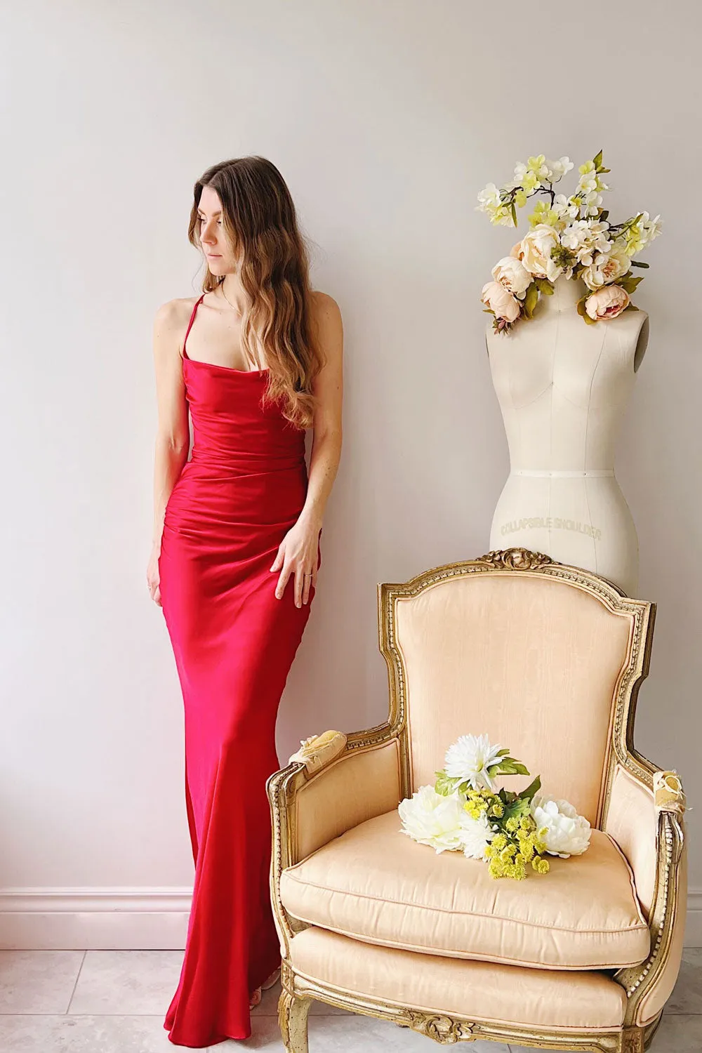 Amana Red | Maxi Satin Dress w/ Cowl Neck