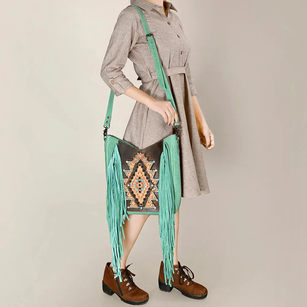 American Darling Turquoise Floral Aztec Fringe Crossbody Bag