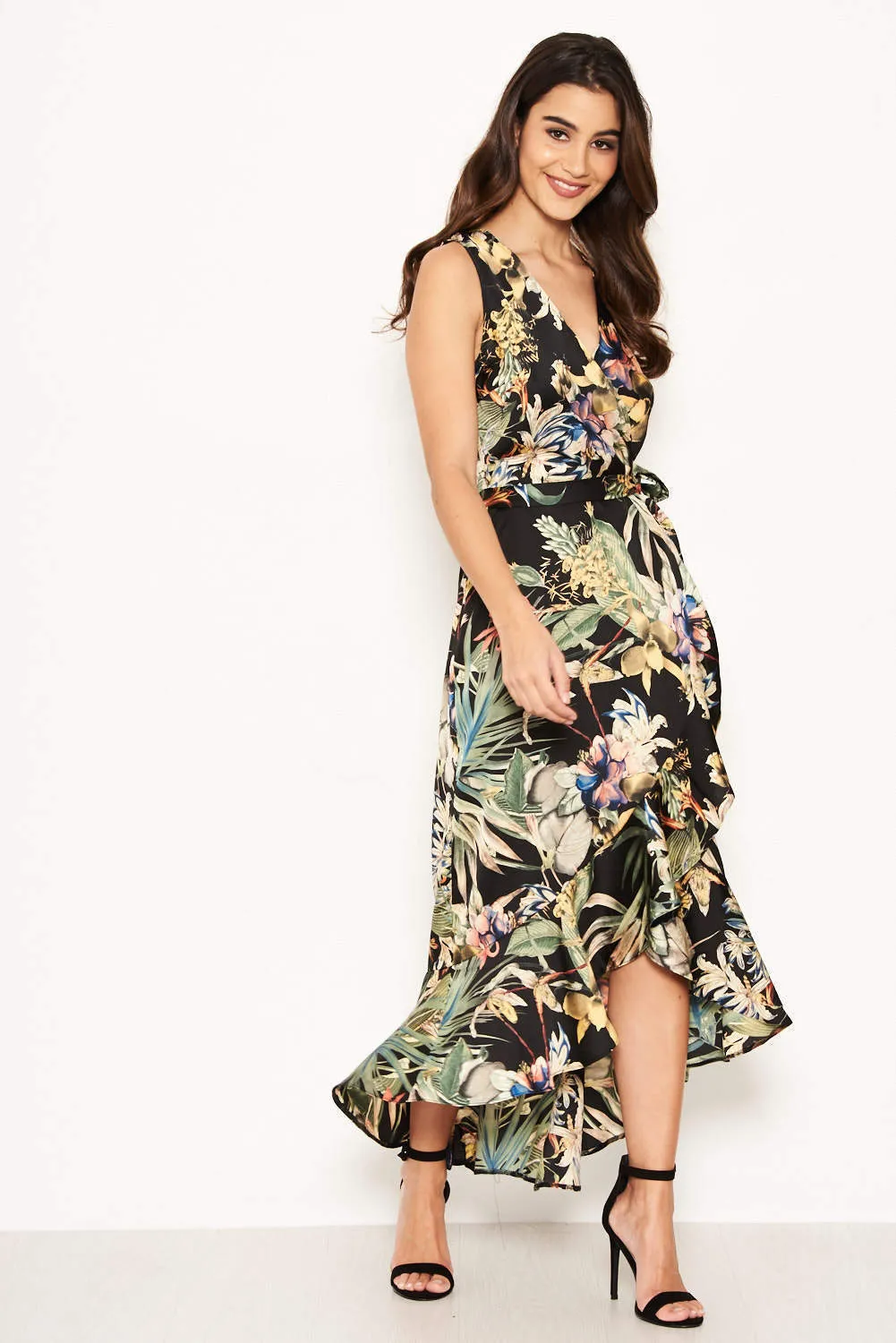 Black Floral Frill Maxi Dress