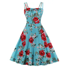 Bow Vintage Floral Party Cami Dress, Spaghetti Strap Cotton Retro Dress