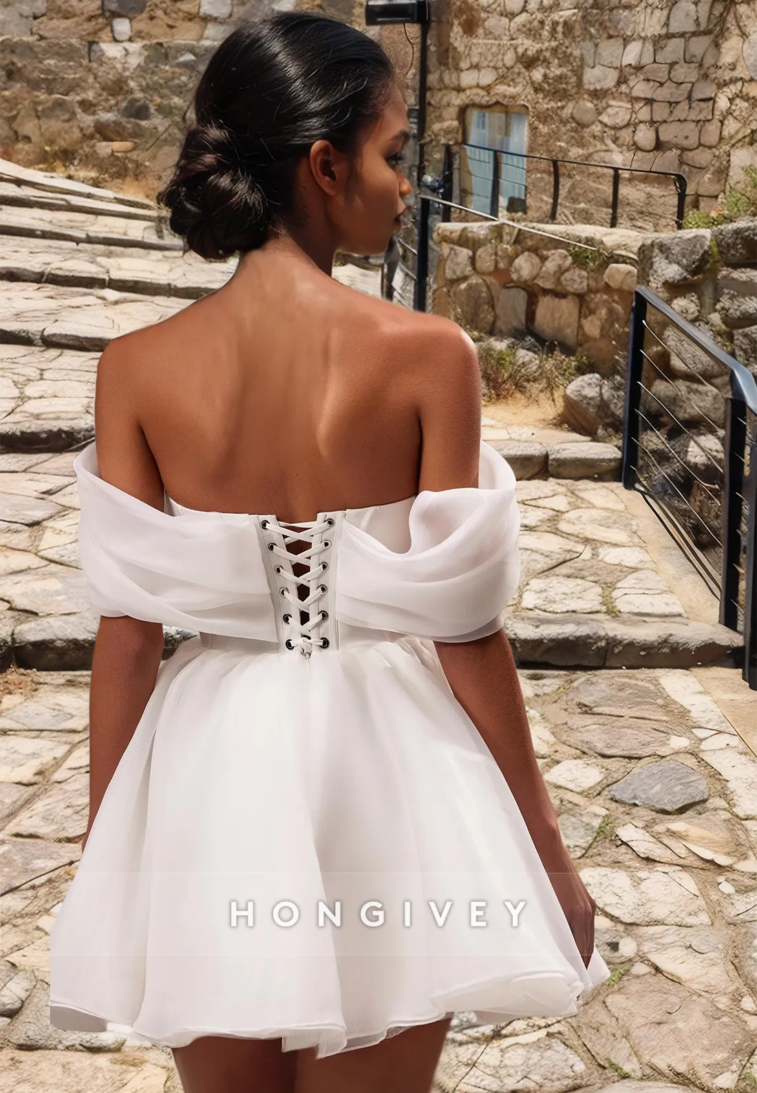 Chic Tulle A-Line Off-Shoulder Lace-Up Short Wedding Dress