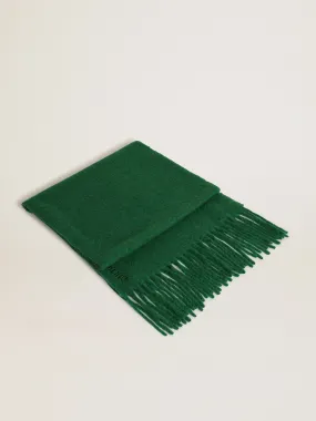 Dark green wool scarf with fringe and ‘Golden’ lettering