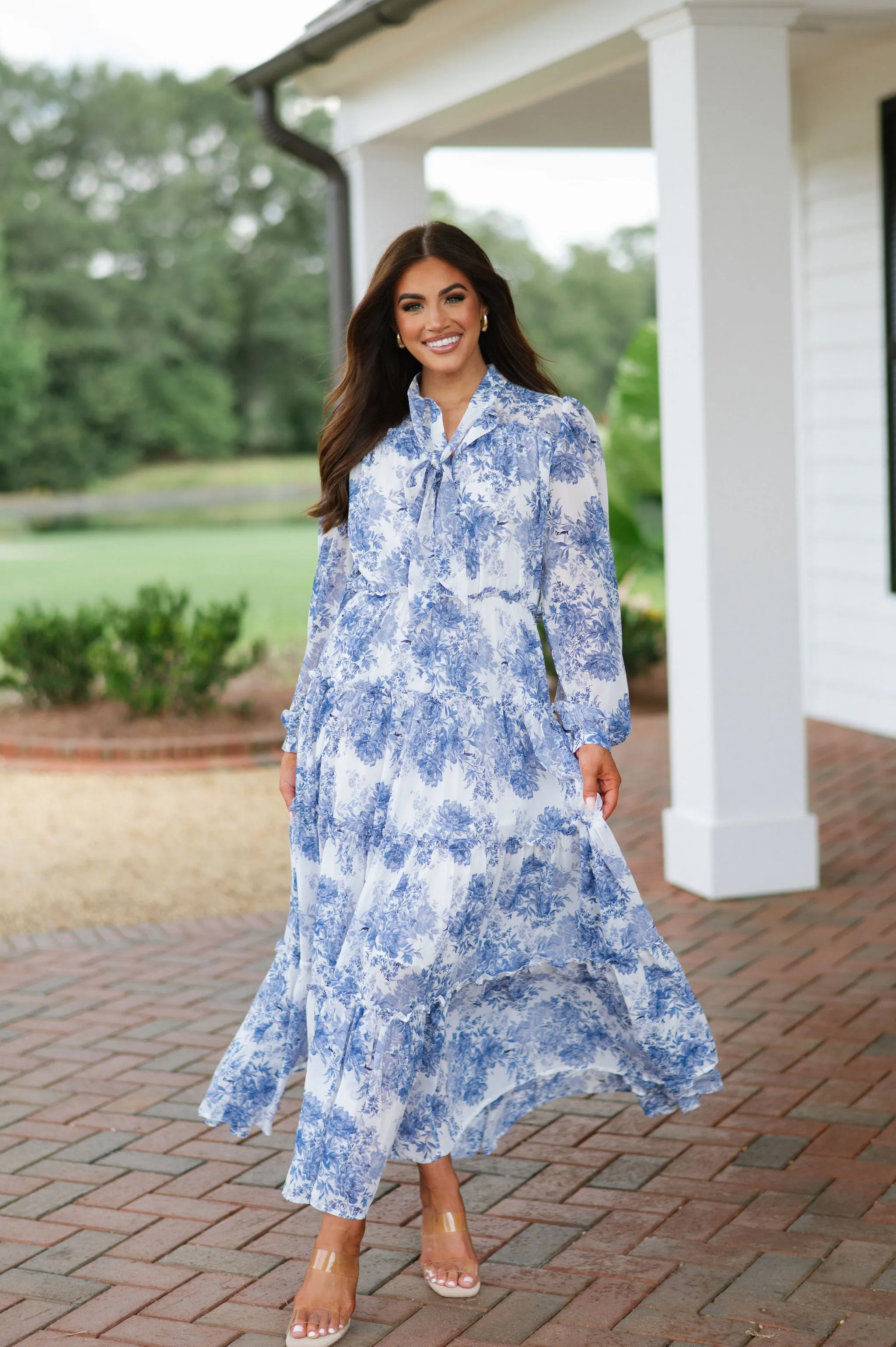 Floral Print Tiered Maxi Dress-Blue