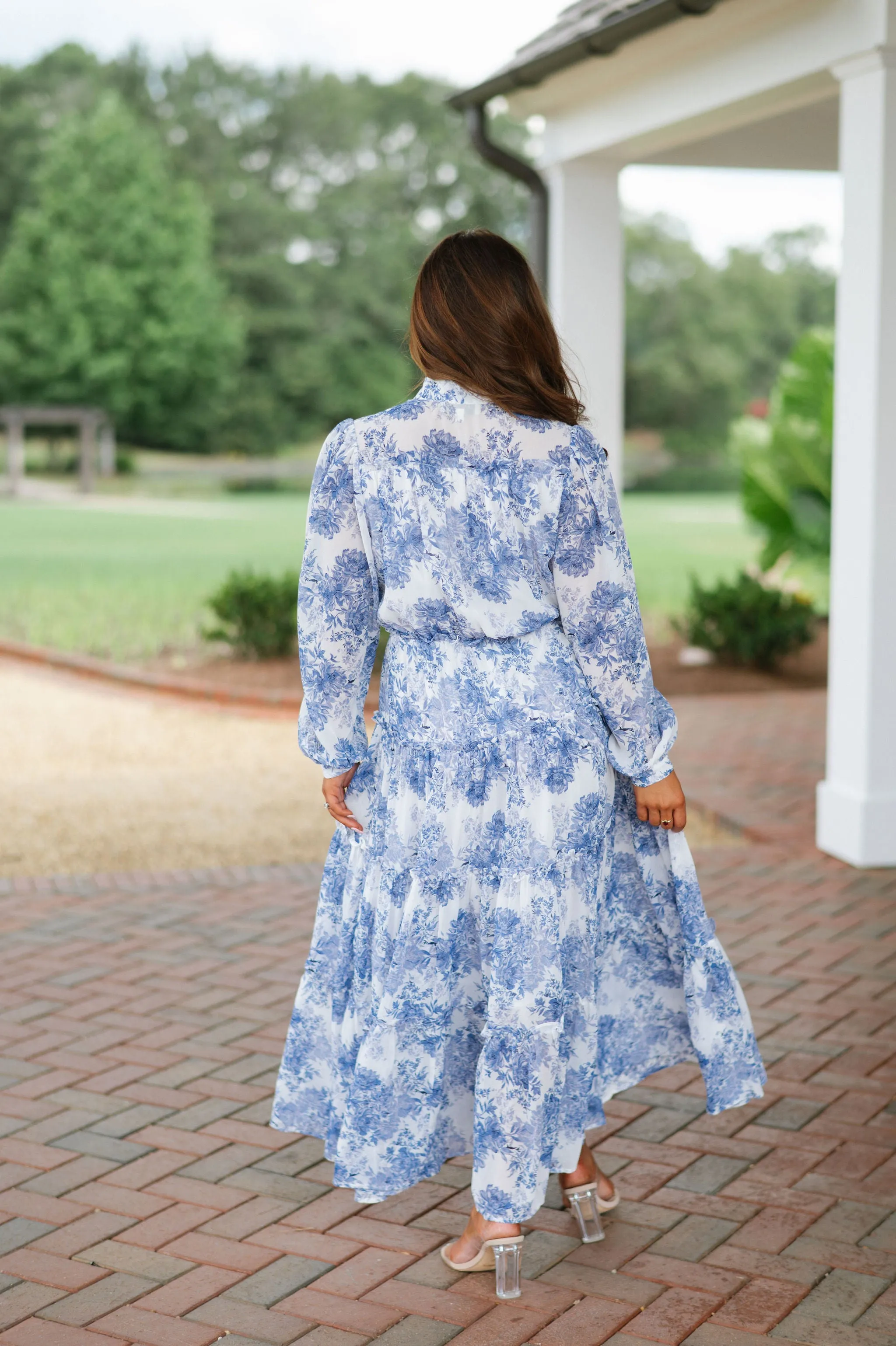 Floral Print Tiered Maxi Dress-Blue