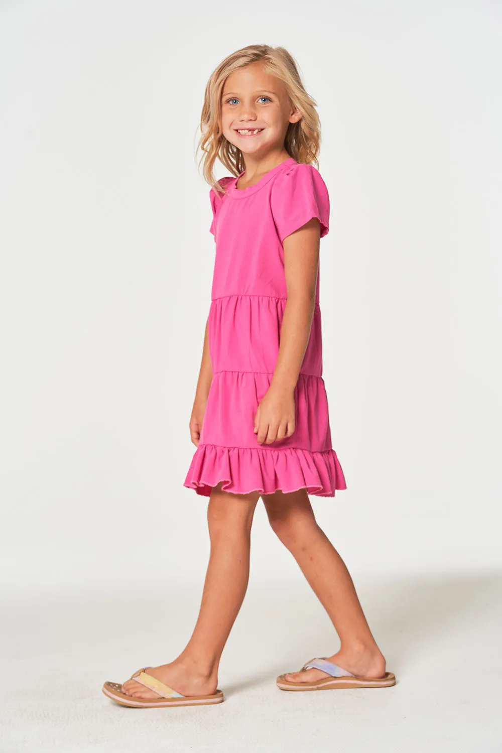 Girls Coastal Cloth Puff Sleeve Tiered Dress