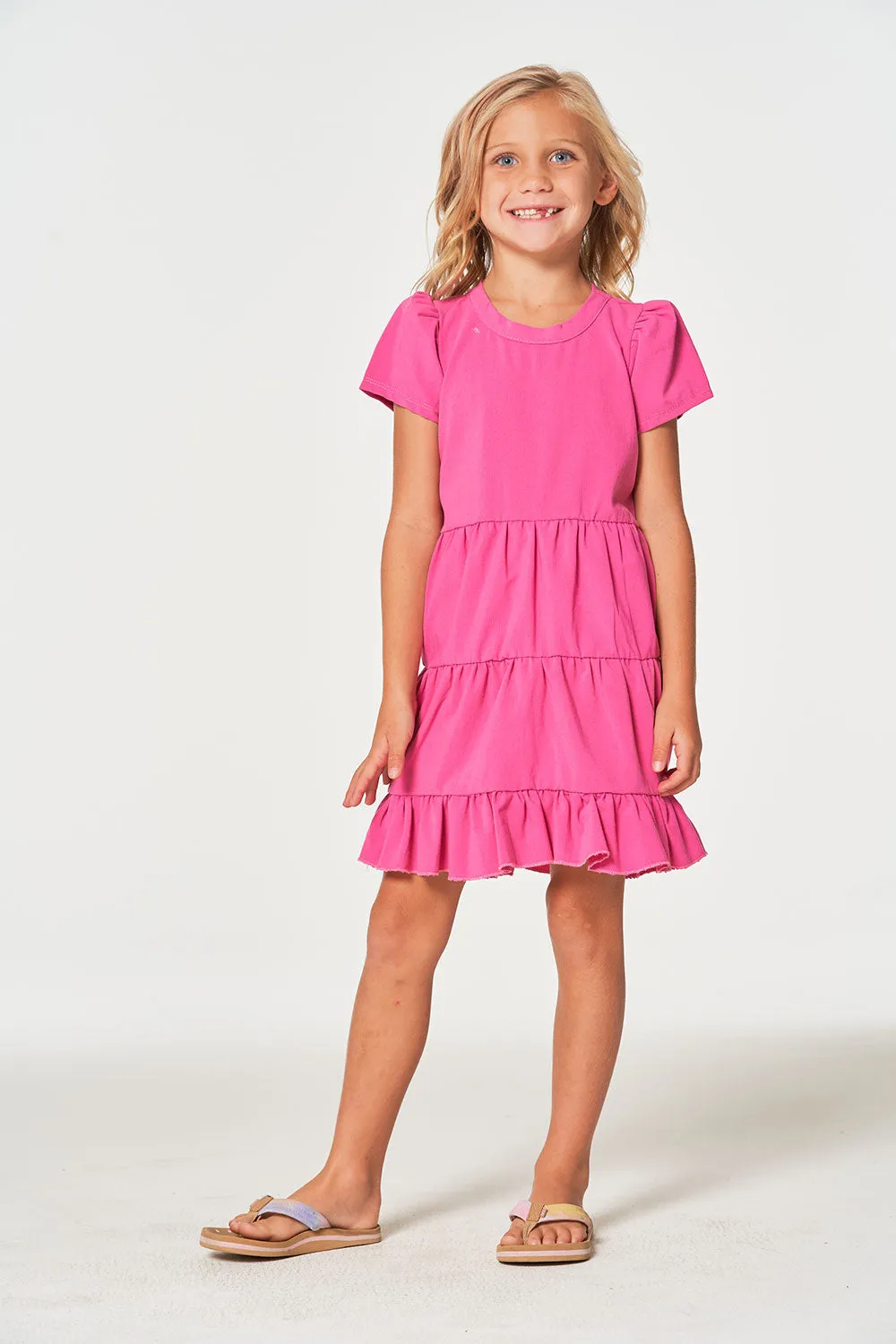 Girls Coastal Cloth Puff Sleeve Tiered Dress