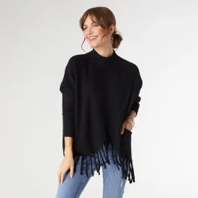 Heavenly-Luxe Flowy Mock Neck Fringe Sweater - Black