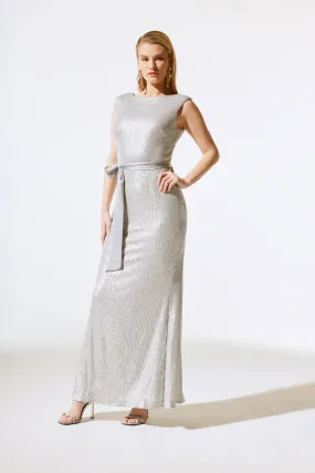 Joseph Ribkoff Silver Sequined Gown With Satin Sash