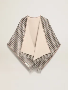 Poncho in double face cream-colored wool with check pattern and lettering