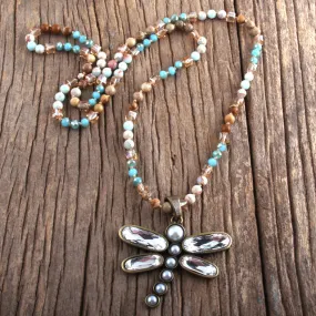 Semi-Precious Knotted Dragonfly Pendant Long Mala Necklace