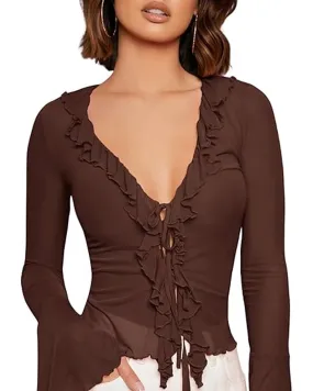 Solid Ruffle Trim Lace Up V-Neck Flare Sleeve Coco Brown Top