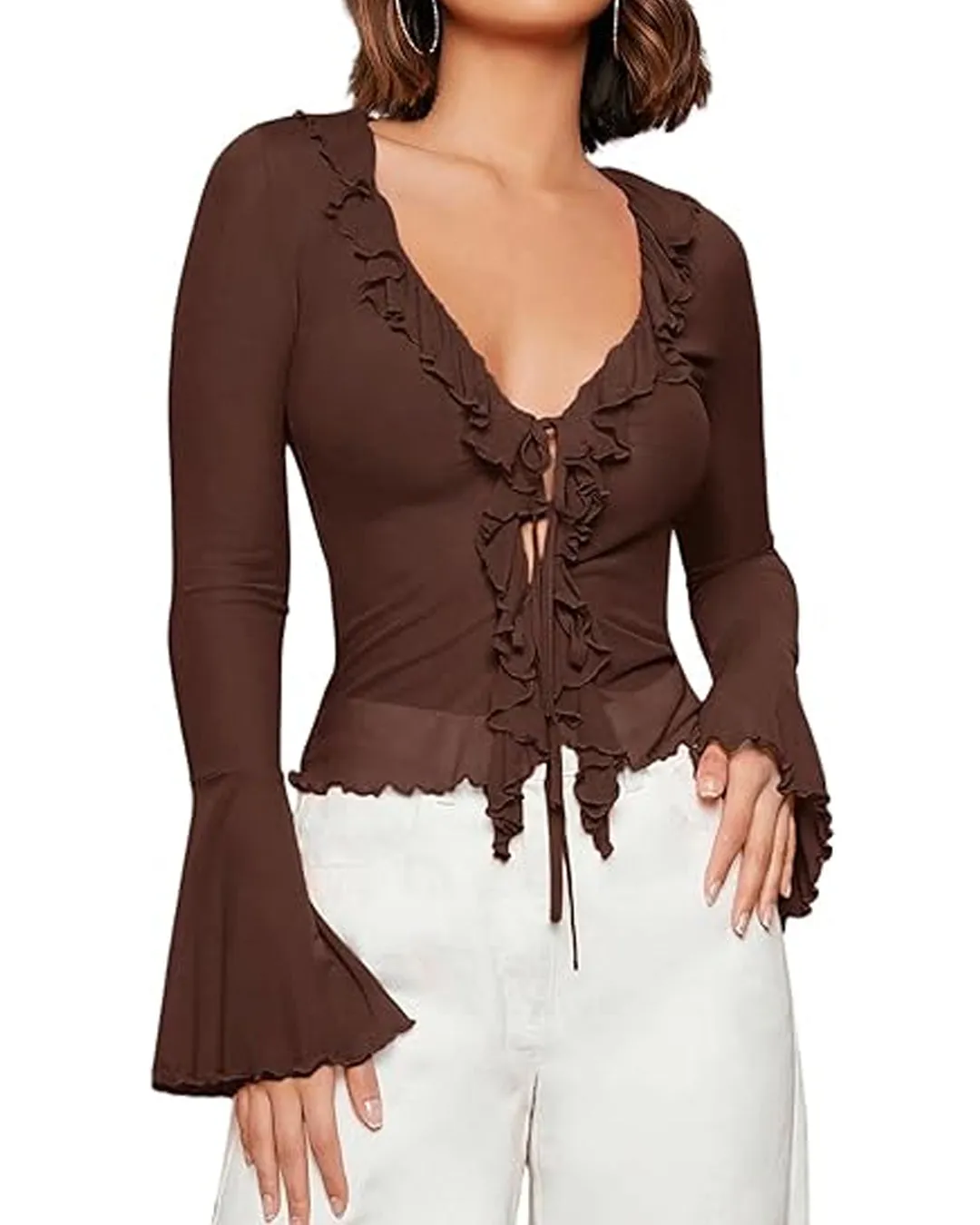 Solid Ruffle Trim Lace Up V-Neck Flare Sleeve Coco Brown Top