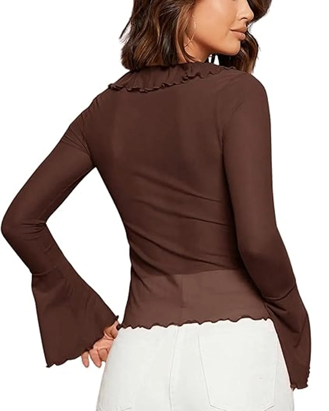 Solid Ruffle Trim Lace Up V-Neck Flare Sleeve Coco Brown Top