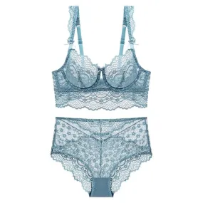 Ultra Thin Transparent Bra and Panties Set with Floral Pattern and Underwire Support