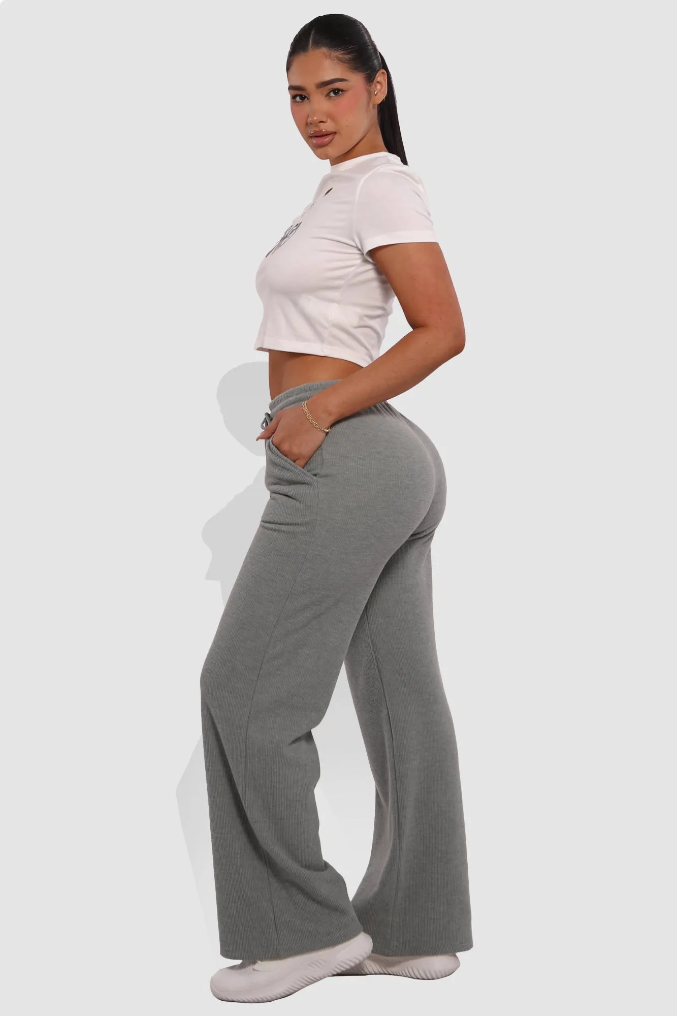 Waffle Fleece Lined Straight Leg Sweatpants - Light Heather Gray