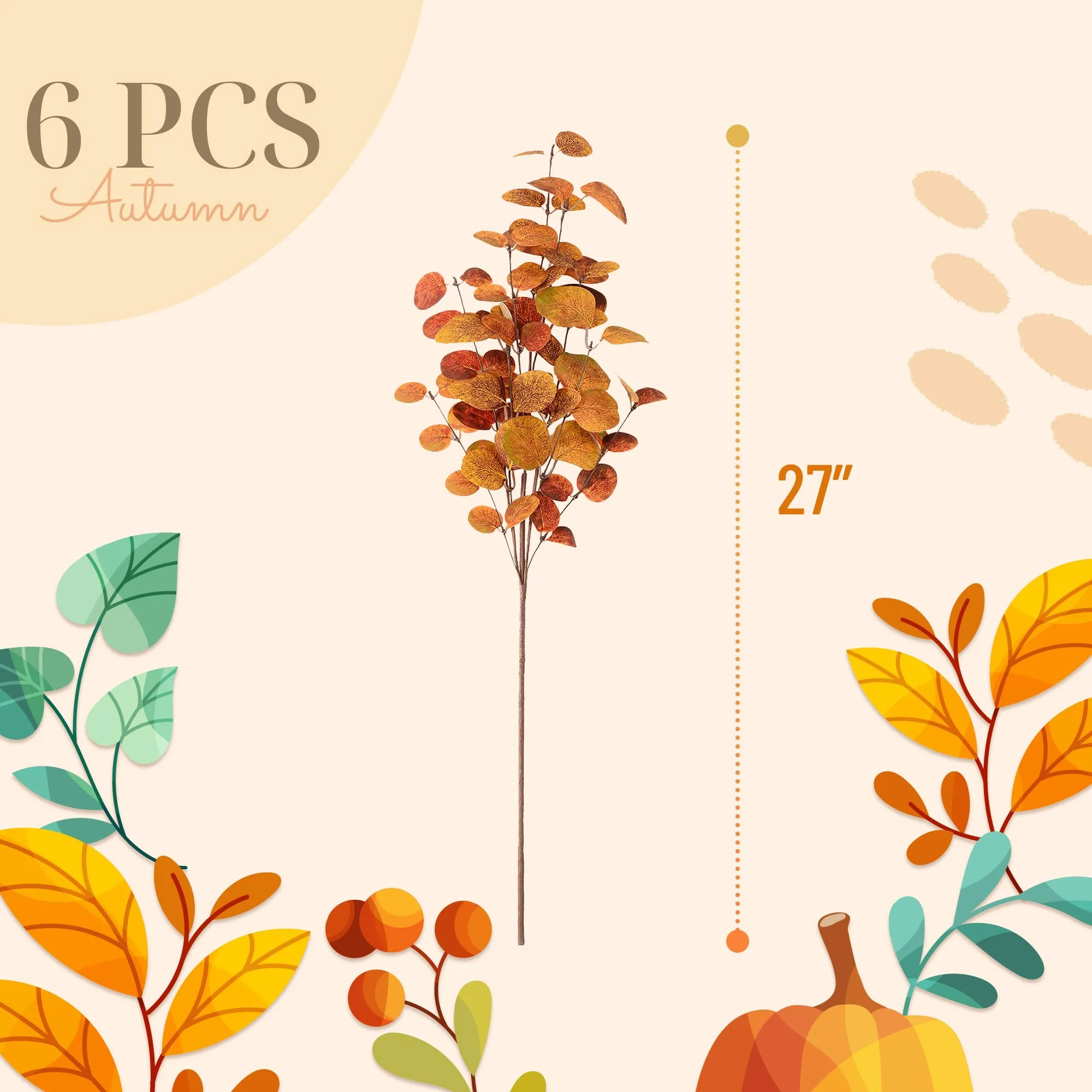 YNYLCHMX 6 Pieces Fall Picks Fall Stems Faux Artificial Eucalyptus Stems Golden Eucalyptus Picks Fall Floral Stems Leaf Spray Autumn Picks